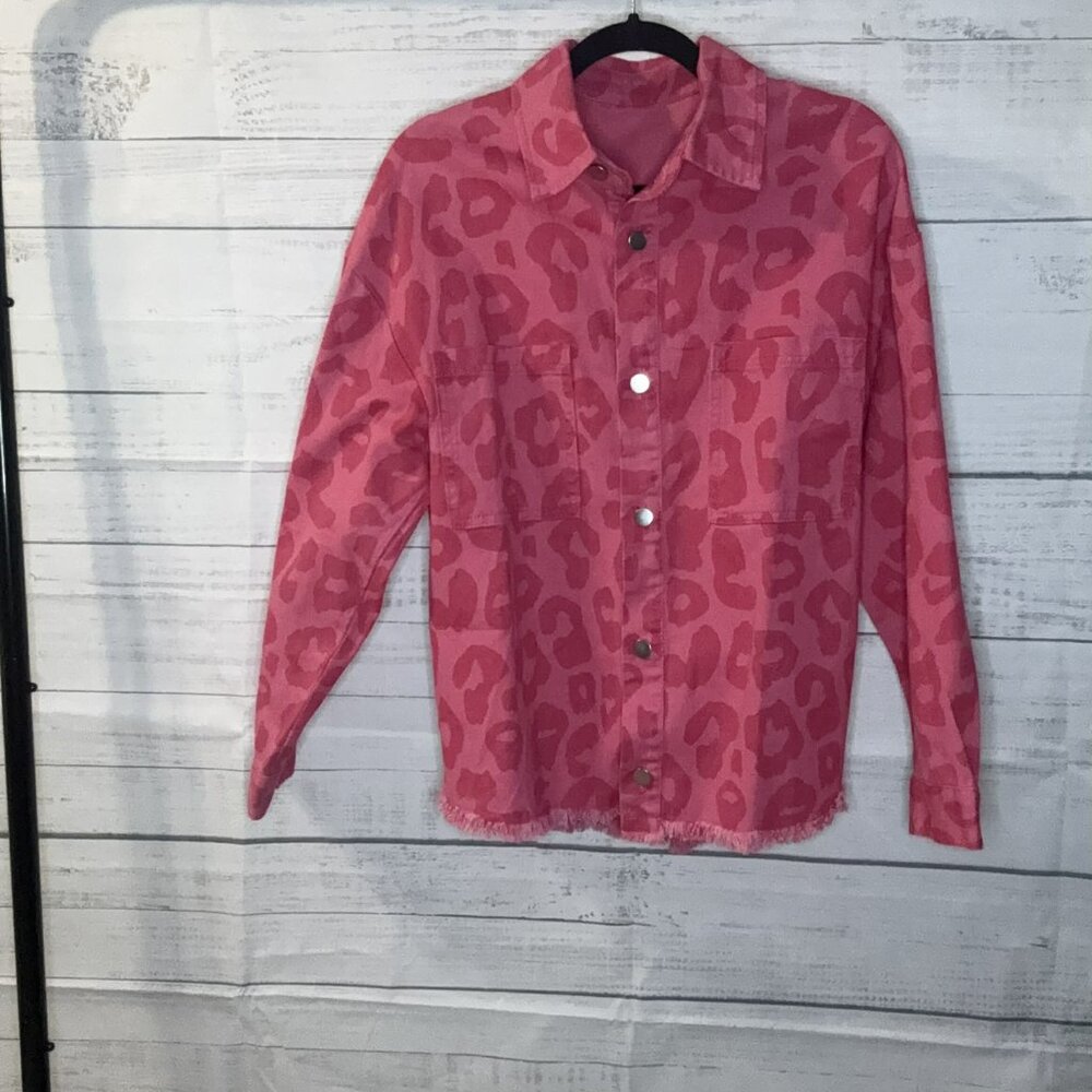 NWOT Pink Leopard Print Button Cuffs Raw Hem Jacket - Picture 7 of 8